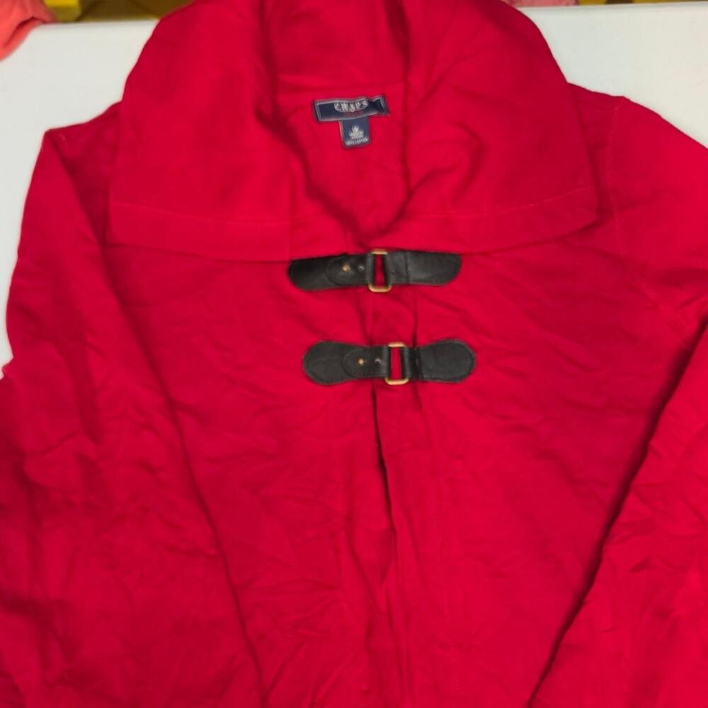 Red chaps long duffle coat with leather details, size XL